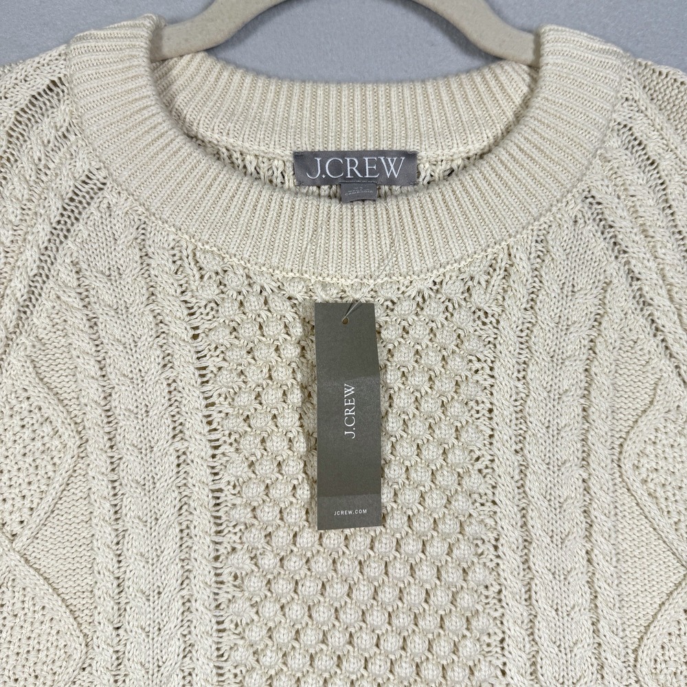 J Crew Sweater Womens XS Cream Cotton Cable Knit Crewneck Fisherman Pullover NWT - Picture 2 of 10